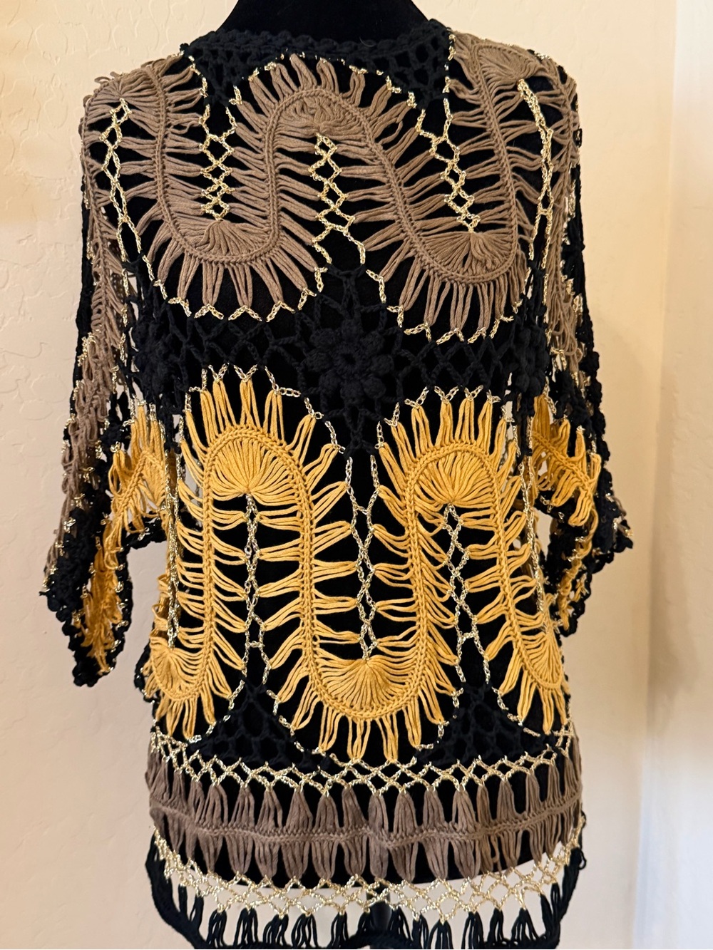 Boho Crochet Open Knit Poncho Sweater Black Gold Mustard One Size